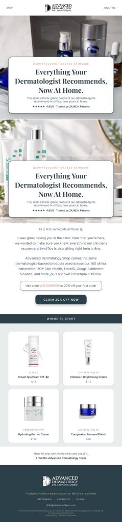 Advanced Dermatology welcome email screenshot