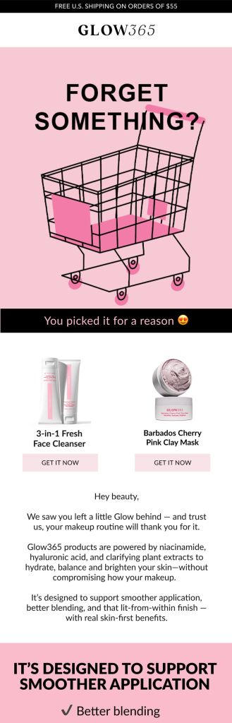 Glow365 abandoned cart email screenshot