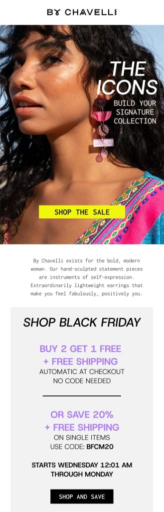 By Chavelli BFCM promo email screenshot