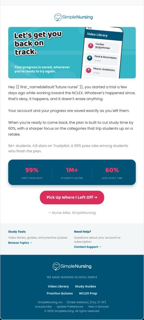 Simple Nursing post-purchase check-in email screenshot