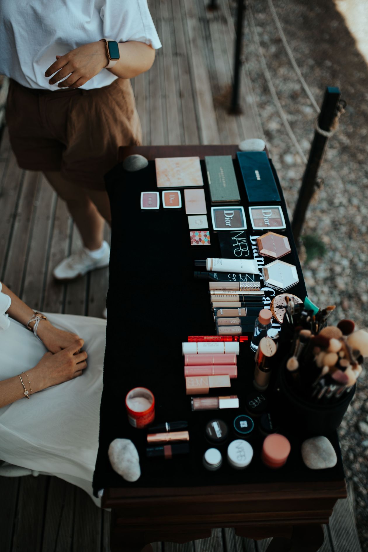 Flatlay of beauty and skincare products, representing a beauty brand's product line